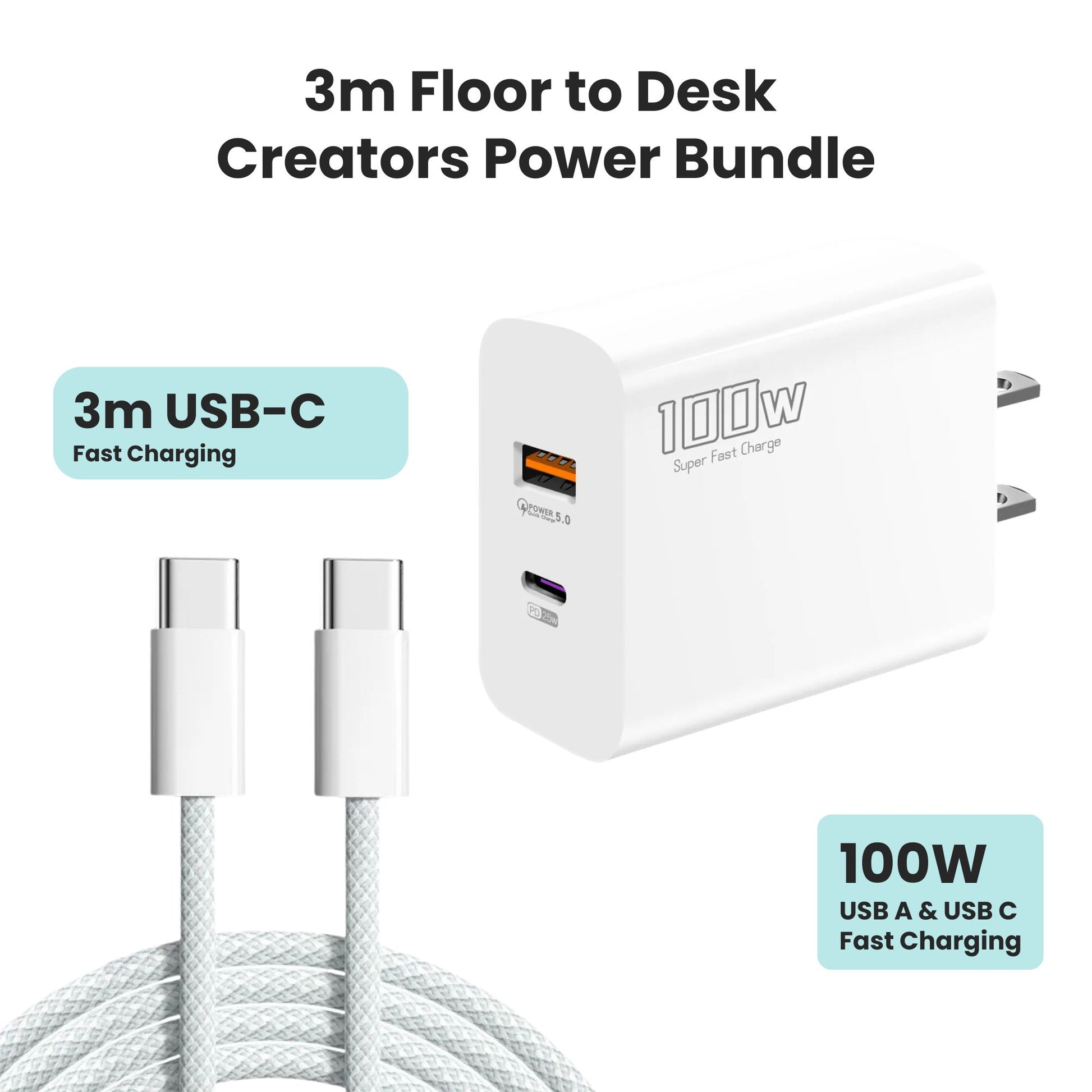 3m Cable & 100w Power Adapter | Dual Port USB-C + A | Fast Charging