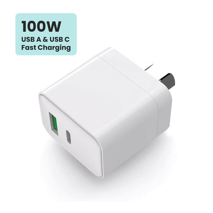 100w Power Adapter | Dual Port USB-C + A | Fast Charging