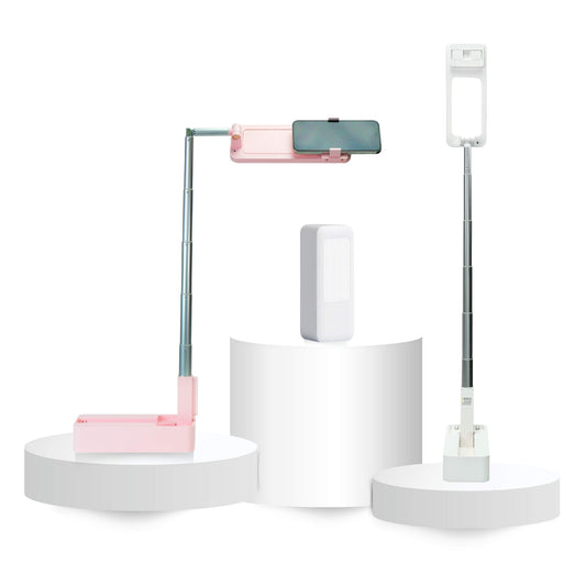 Olivia Overhead Phone Stand Tripod With Light Main Pink and White