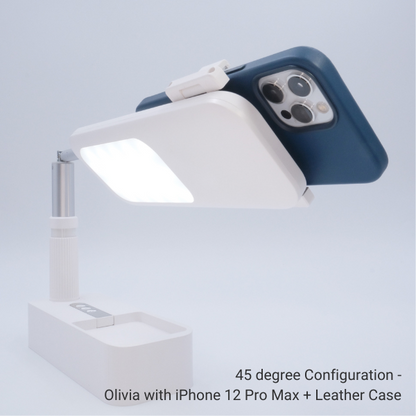 Overhead phone stand features 45 degree configuration