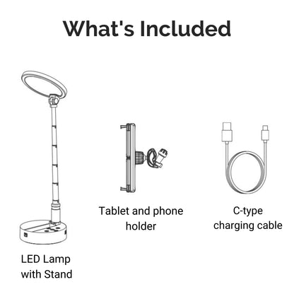iPad, Tablet and Dual Phone LED Light Stand included in box