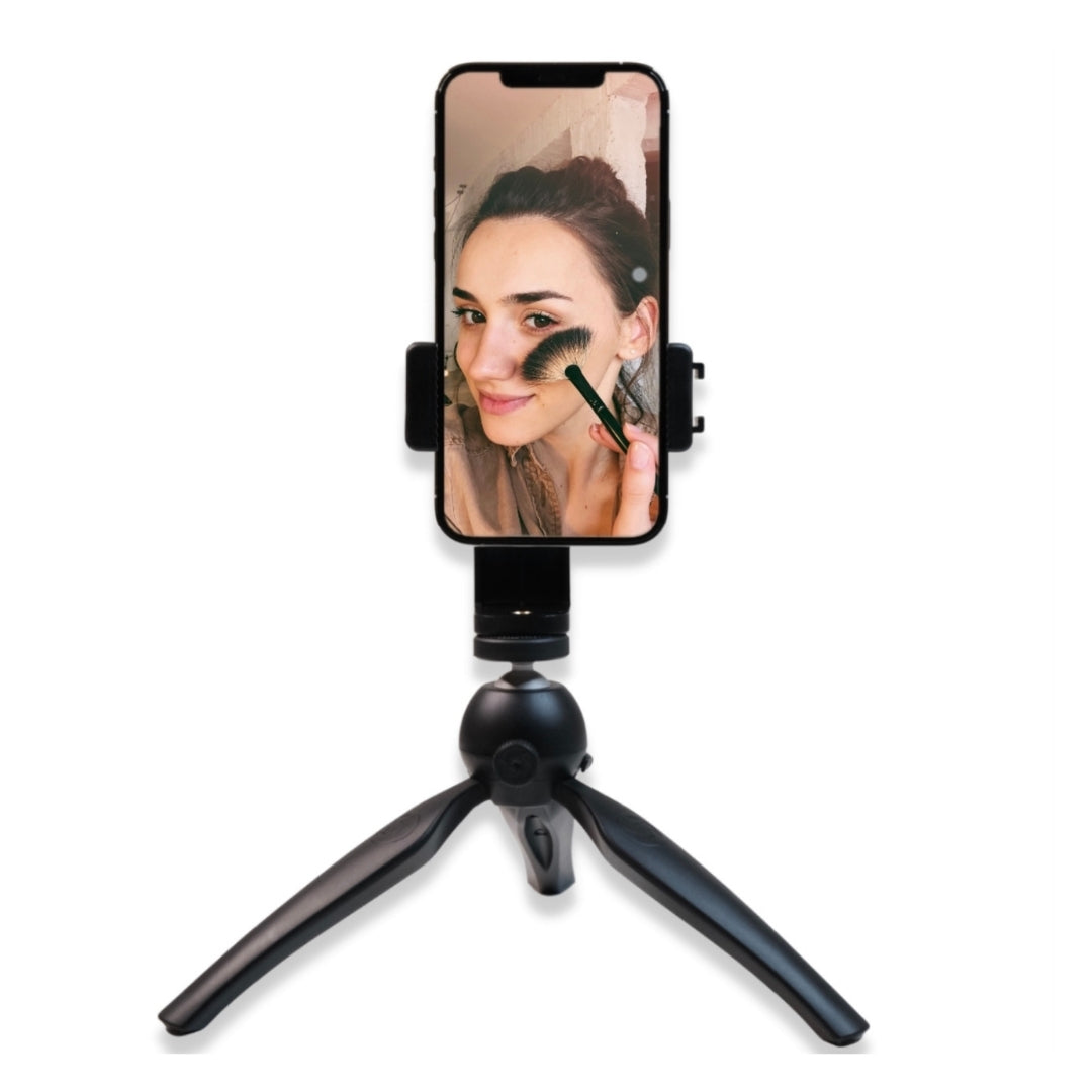 Mini desk tripod with phone portrait